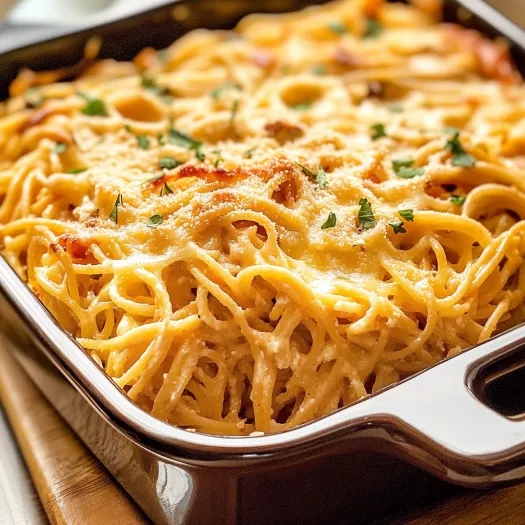 A dish of cheesy chicken spaghetti casserole.