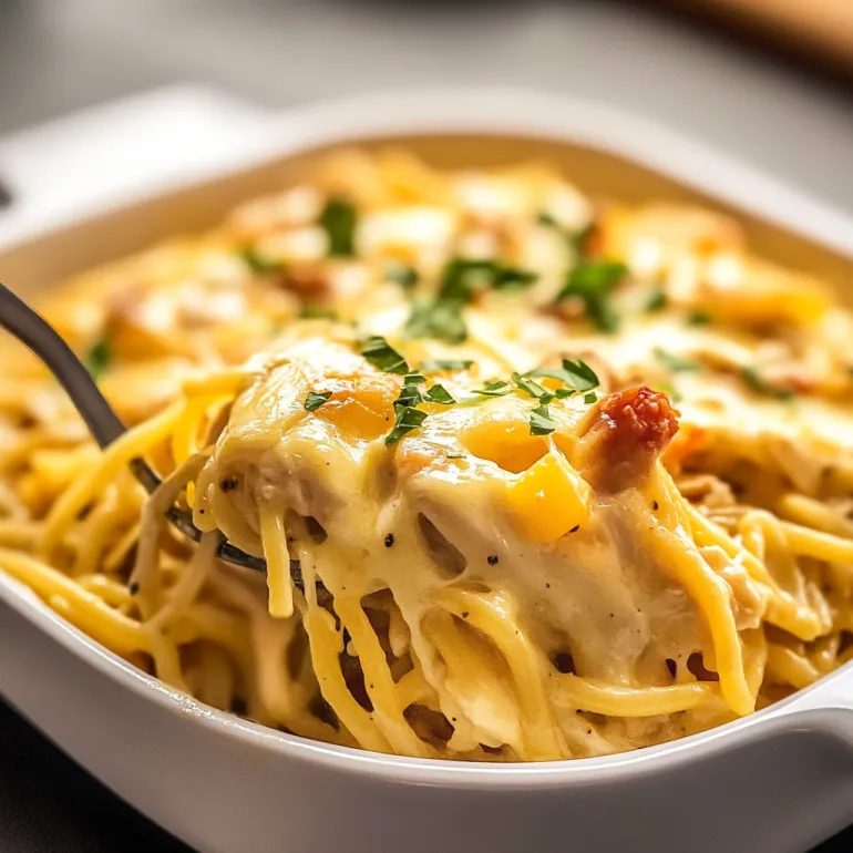 A white bowl filled with a cheesy chicken spaghetti casserole.