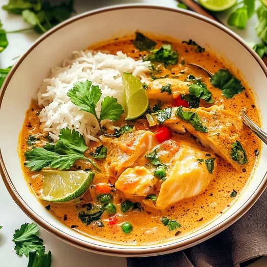 A bowl of Thai fish curry with rice and vegetables.