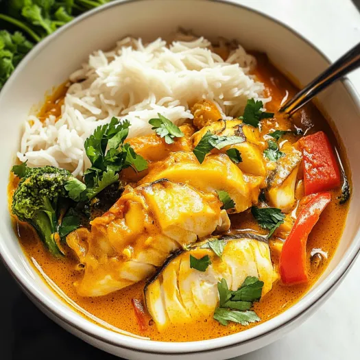 A bowl of Thai fish curry with rice and vegetables.