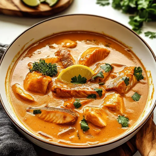 A bowl of Thai fish curry with a lemon wedge on top.