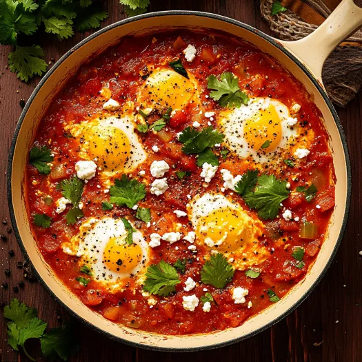 A bowl of shakshuka with eggs.