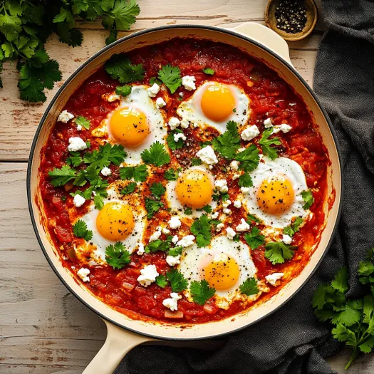 A dish of shakshuka with eggs on top.