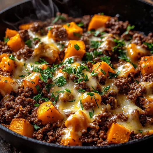 A skillet filled with ground beef and sweet potatoes.