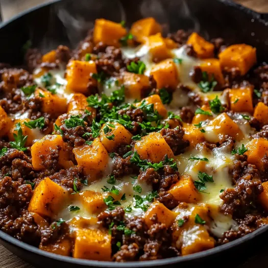A skillet filled with ground beef and sweet potatoes.