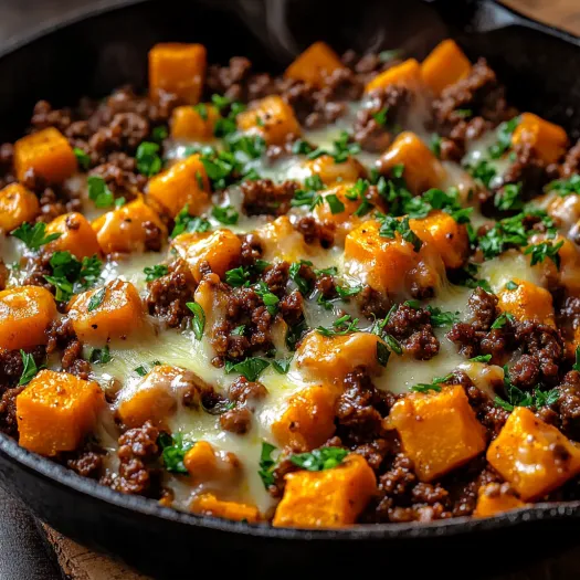 A skillet filled with ground beef and sweet potatoes.