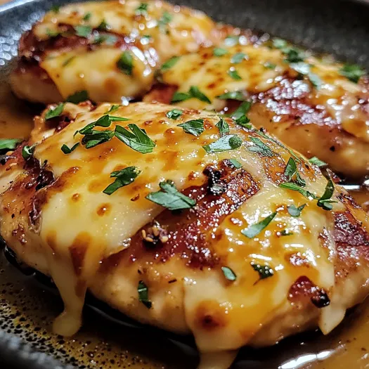 A plate of honey mustard chicken with cheese.