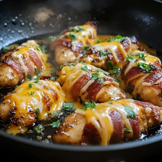 A pan of honey mustard chicken with cheese.