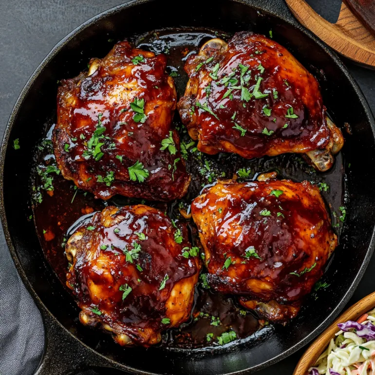 A pan of baked BBQ chicken thighs.