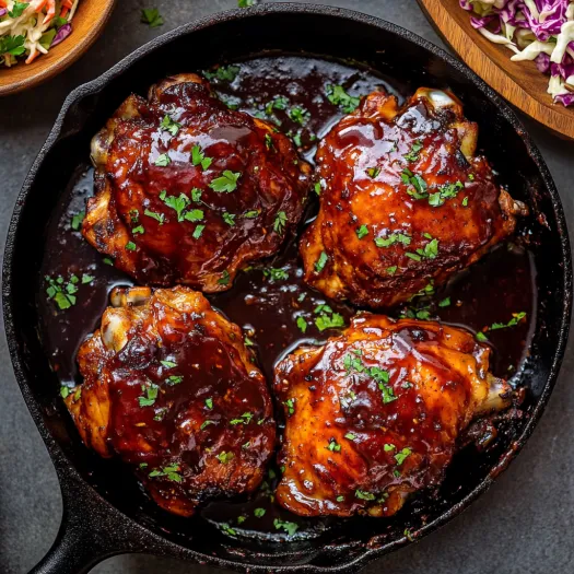 A pan of baked BBQ chicken thighs.