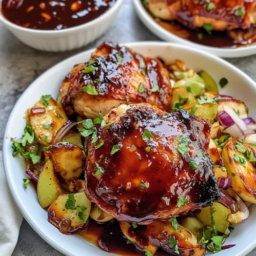 A plate of baked BBQ chicken thighs.