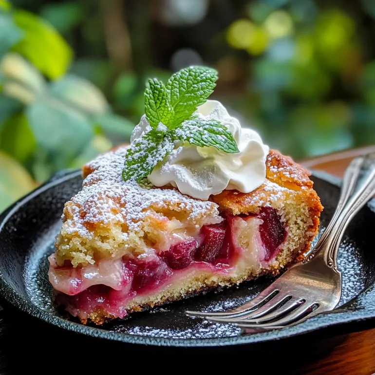 A slice of rhubarb shortcake with whipped cream on top.