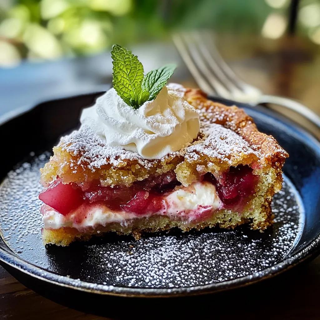 A slice of rhubarb shortcake with whipped cream on top.