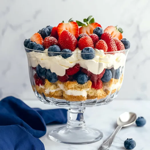 A red white and blue trifle in a glass bowl.