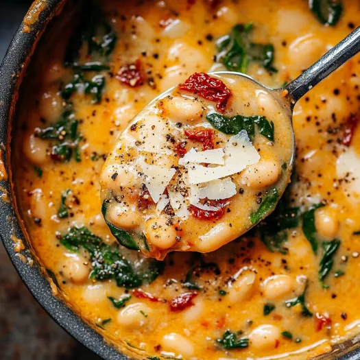 A spoonful of soup with beans and cheese.