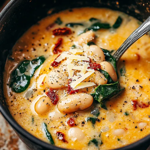 A bowl of soup with beans and cheese.