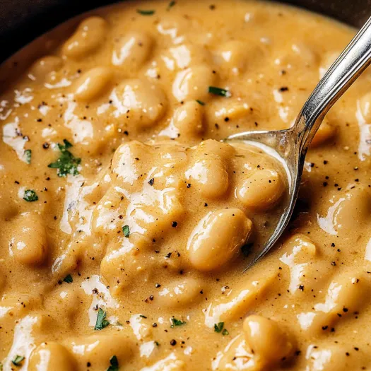 A spoon in a bowl of creamy garlic parmesan butter beans.