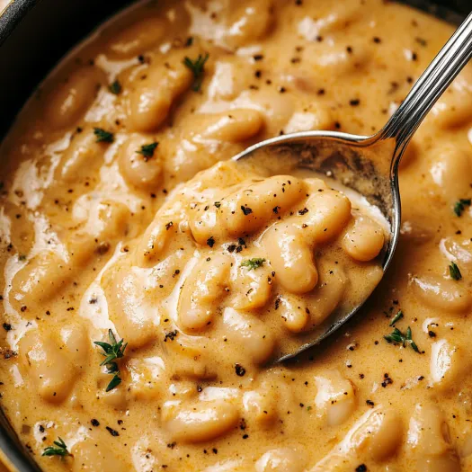 A spoon is in a bowl of creamy garlic parmesan butter beans.