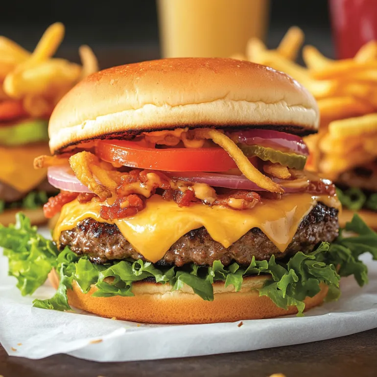A close up of a burger with tomatoes, lettuce, and bacon.