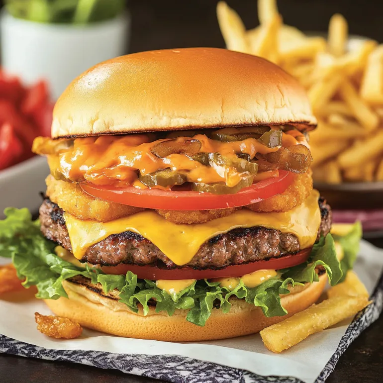 A large burger with tomatoes, lettuce, and cheese.