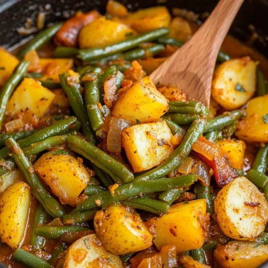 A dish of Cajun smothered green beans and potatoes.