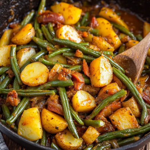 A dish of Cajun smothered green beans and potatoes.