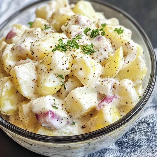 A bowl of potato salad with onions and herbs.