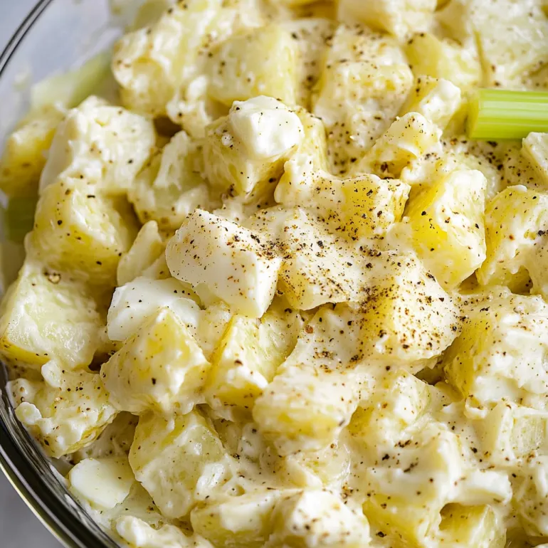 A close up of a potato salad in a glass bowl.