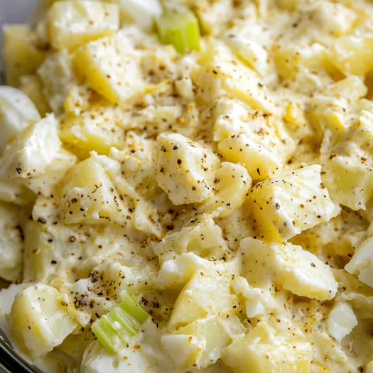 A close up of a potato salad in a bowl.