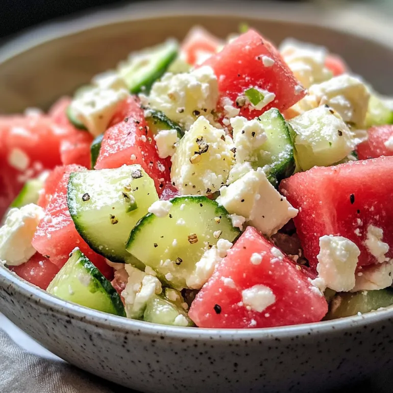 A bowl of watermelon salad with cucumber and feta.