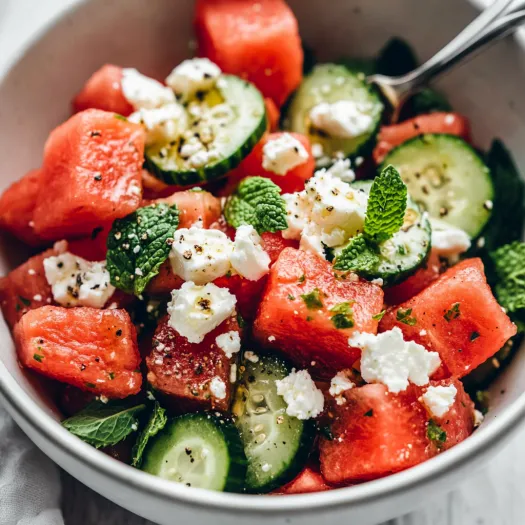 A bowl of watermelon salad with cucumber and feta.