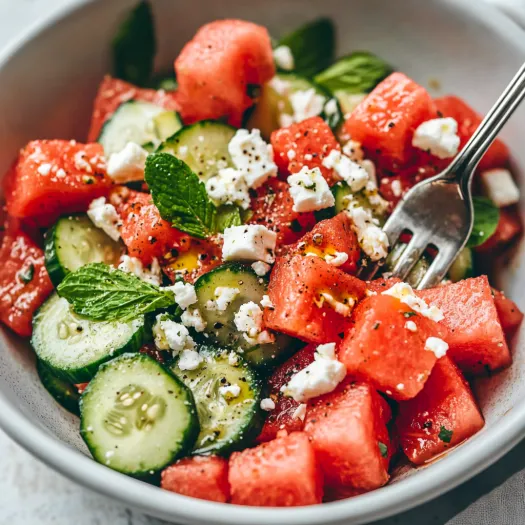 A bowl of watermelon salad with cucumber and feta.