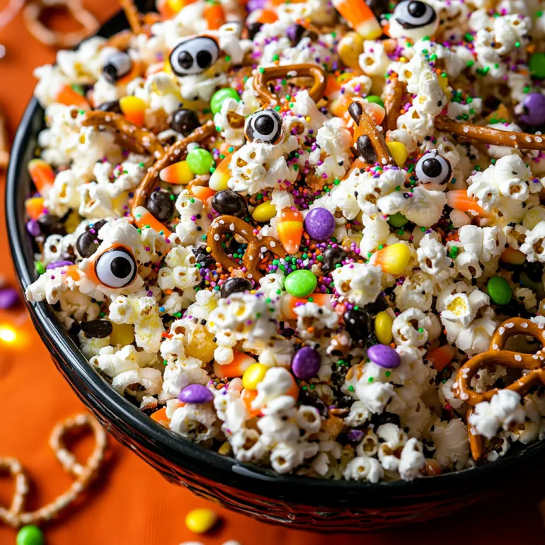 A bowl of popcorn with candy eyes and a candy monster face.