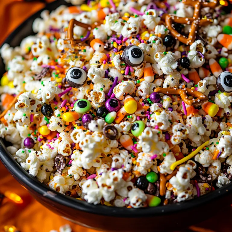 A bowl of popcorn with candy eyes and a candy mouth.