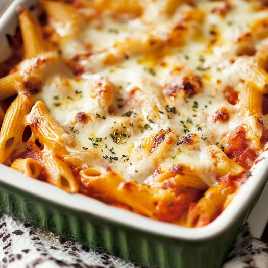 A dish of chicken penne casserole.