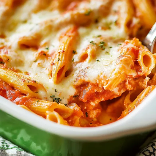 A close up of a chicken penne casserole.