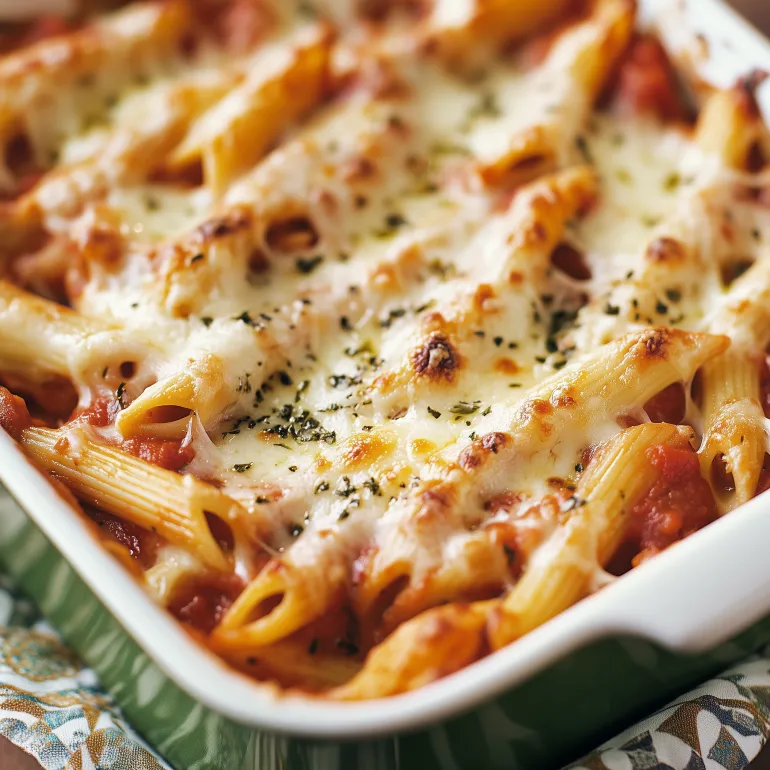 A dish of chicken penne casserole.