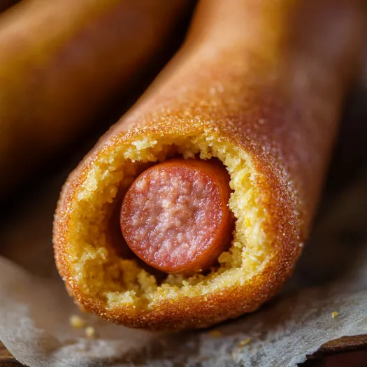 A corn dog with a hot dog sticking out of it.