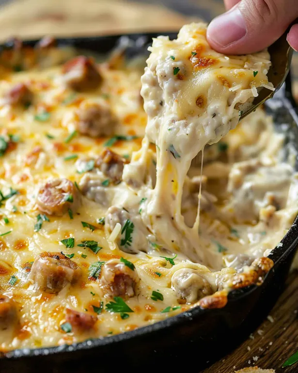 A hand is grabbing a piece of boudin dip.
