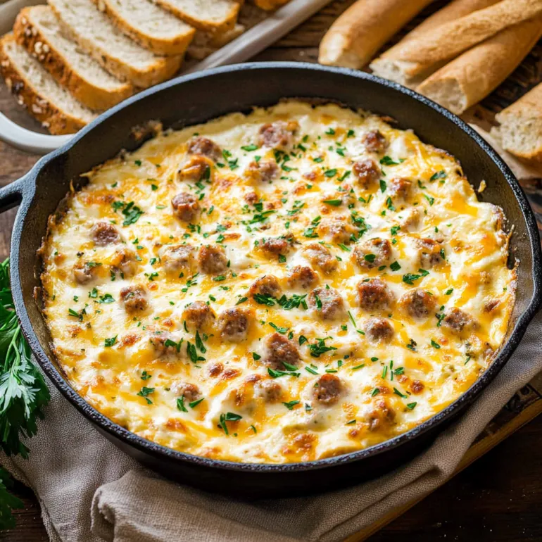 A pan of boudin dip with bread and a green herb.