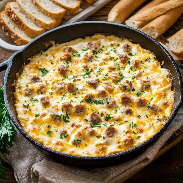 A pan of boudin dip with bread and vegetables.