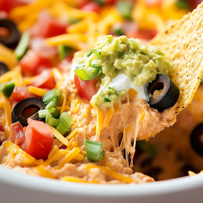 A bowl of taco dip with a spoon in it.