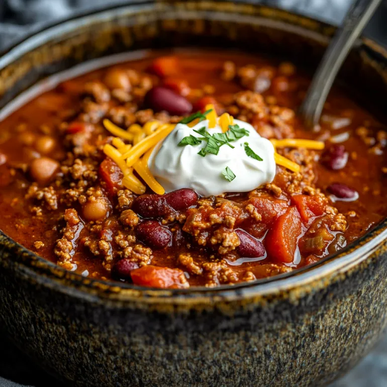 A bowl of chili with a spoon in it.