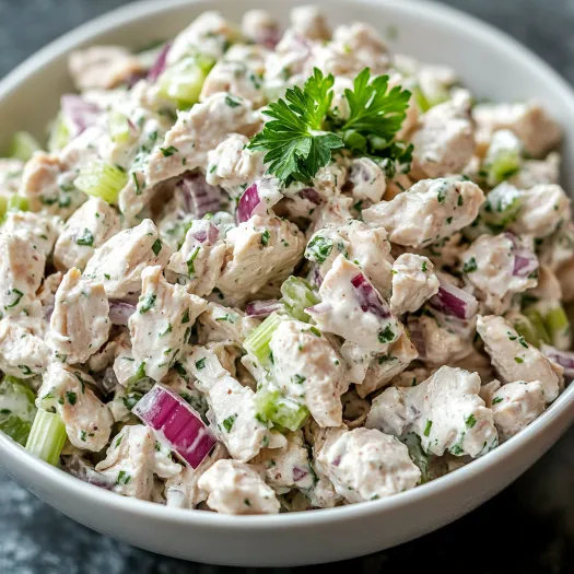 A bowl of chicken salad with onions and parsley.