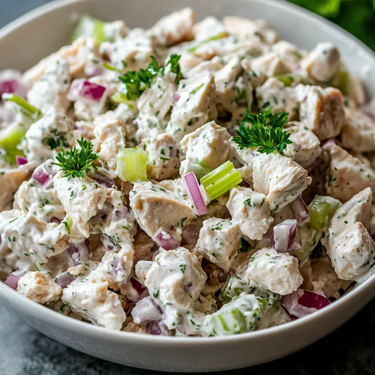 A bowl of chicken salad with onions and parsley.