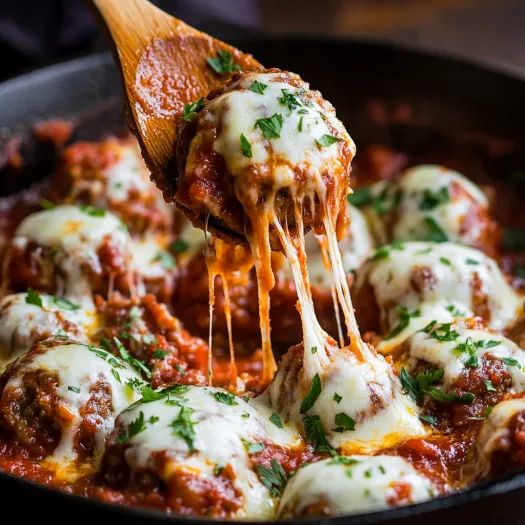 A wooden spoon is in a meatball dish.