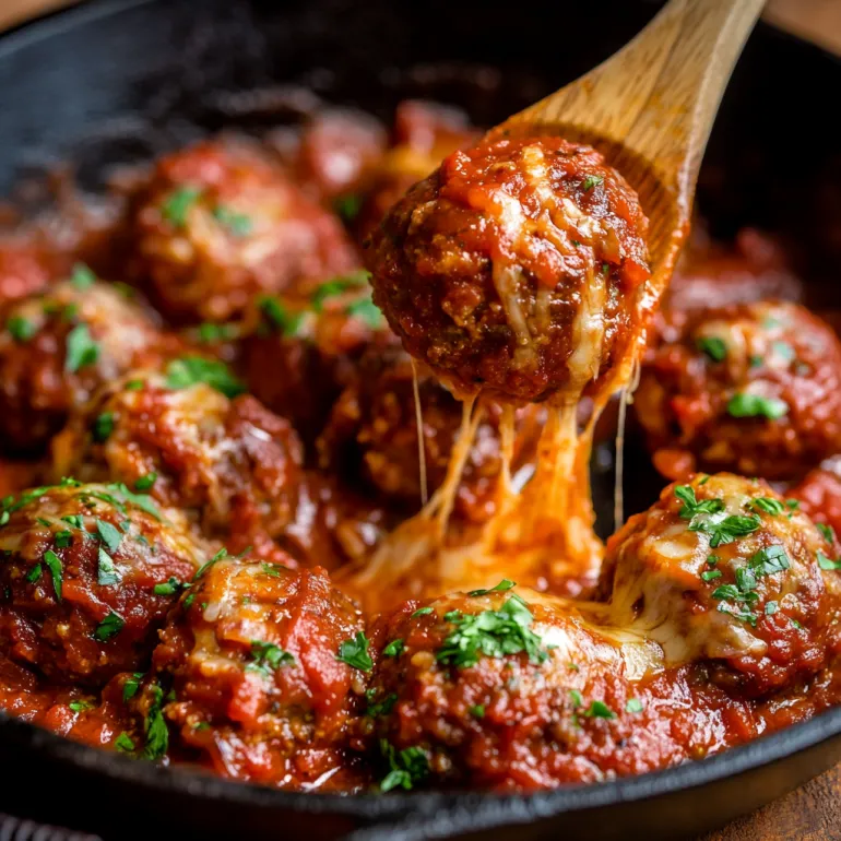 A bowl of meatballs with cheese and sauce.