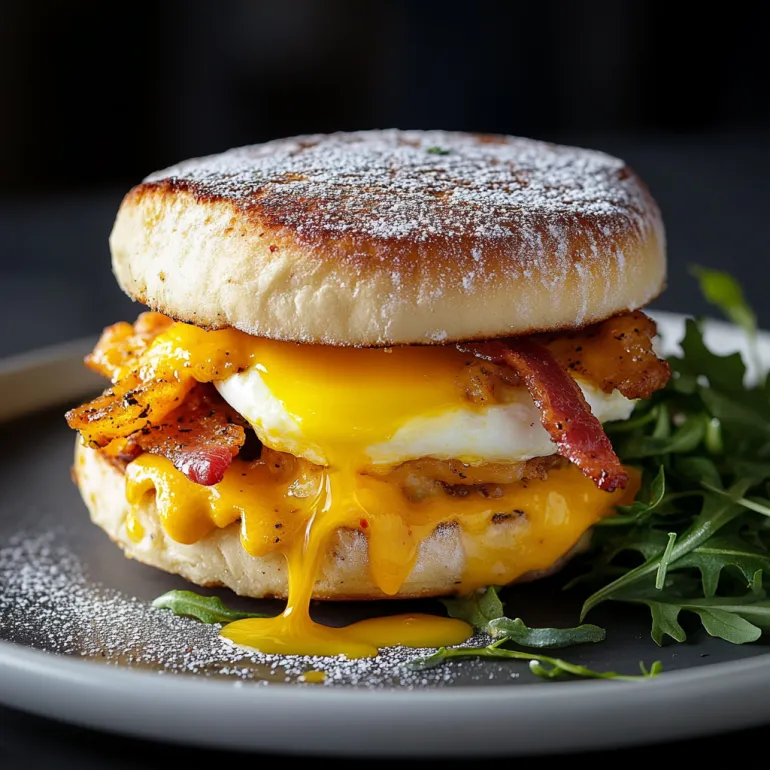 A breakfast sandwich with bacon, egg, and cheese.