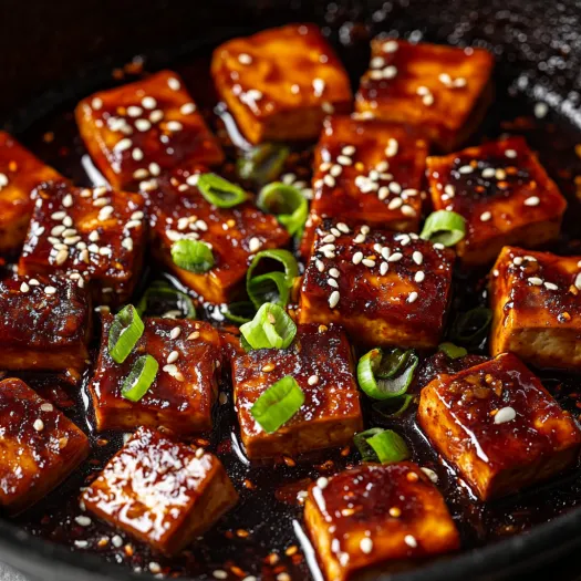 A pan of Dubu Jorim (Korean Braised Tofu) with green onions.