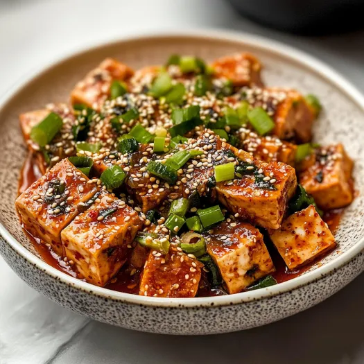 A bowl of food with tofu and vegetables.
